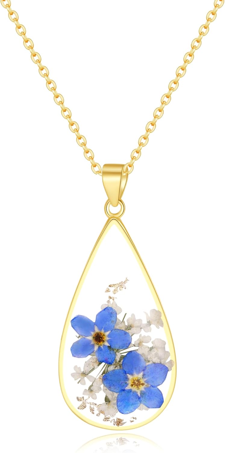 AUNTESIGN Store Forget-Me-Not and Queen Anne's Lace Pressed Wildflower Necklace | Birth Month Real Flower Necklace | Gold/Silver Pressed Flower Jewelry | Personalized Handmade Jewelry - Image 1